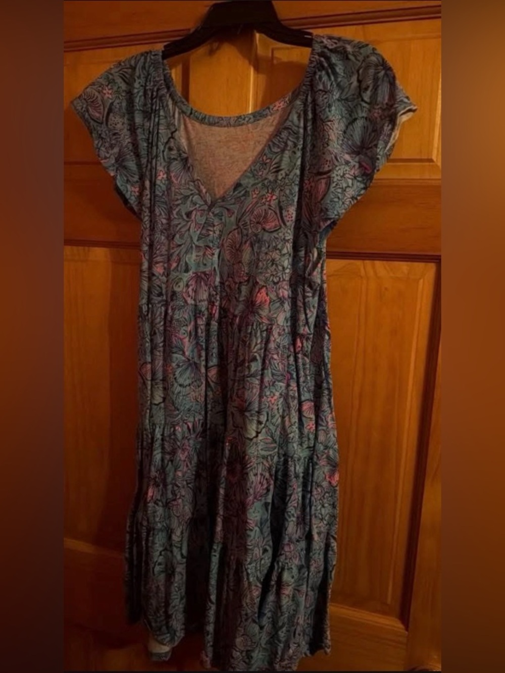 Lilly Pulitzer Blue Floral V-Neck Tiered Maxi Dress with Pink Accents
